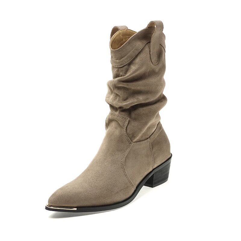Womens Slouch Boots - Pointed Toe Mid Calf Western Suede Boots