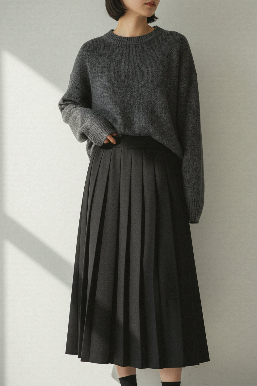 Womens A-Line Pleated Midi Skirt - High Waist Box Pleat
