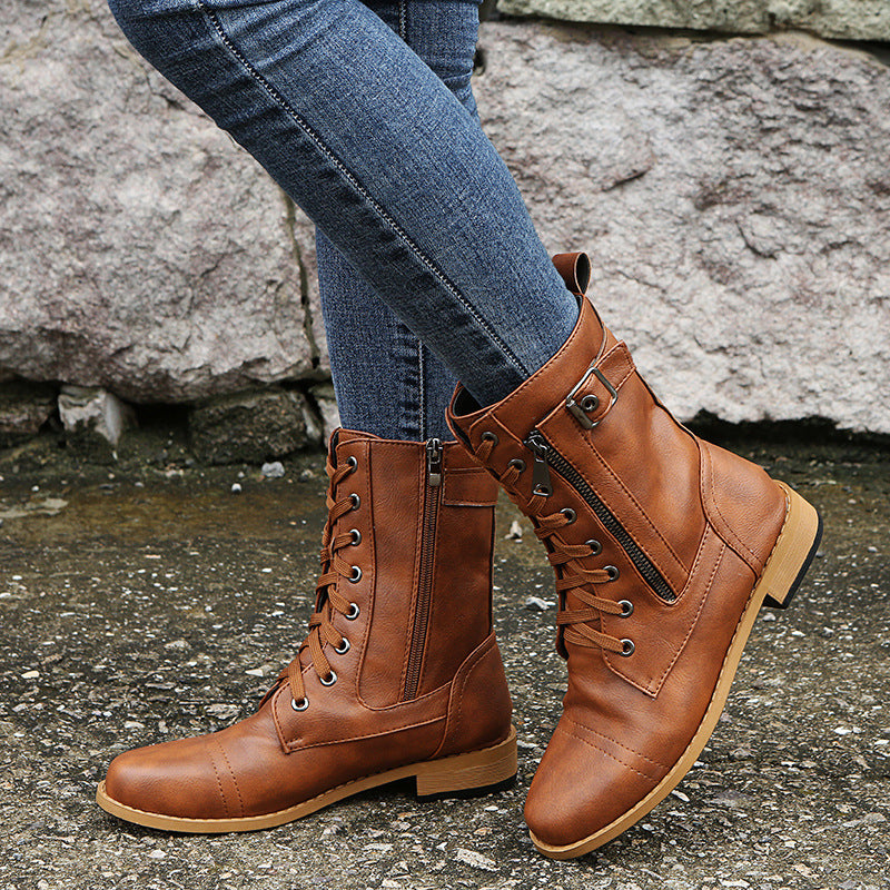 Women's Lace Up Mid Calf Combat Boots - Side Zip Low Heel Moto Boots for Fall & Winter