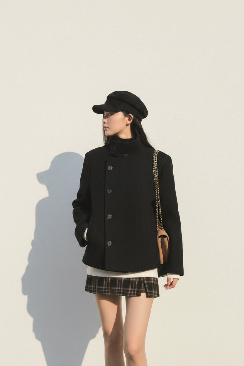 Womens Quilted Jacket - Black Padded Winter Coat, Stand Collar Slim Fit
