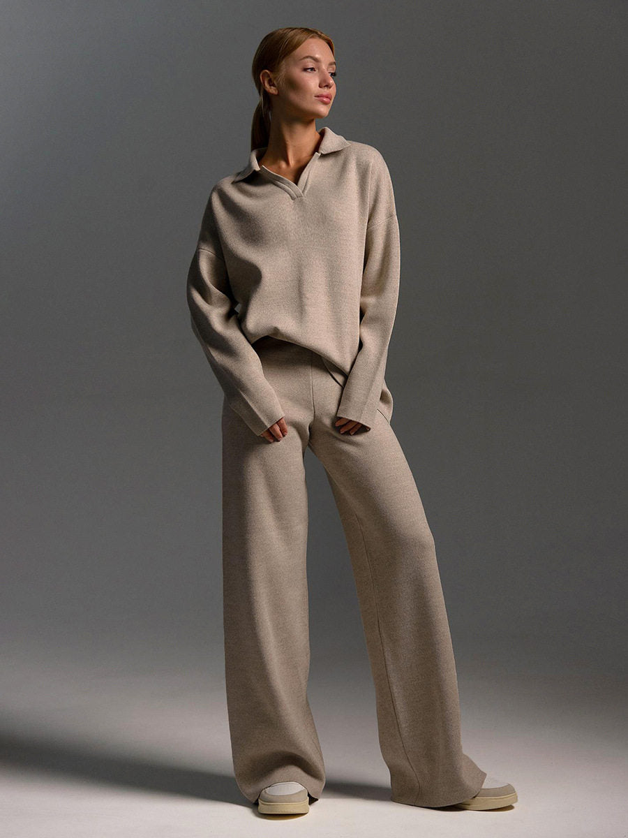 Women's Knit Hoodie and Wide Leg Pants Set - Two Piece Knitted Lounge Set, Cozy Fall & Winter Co Ord