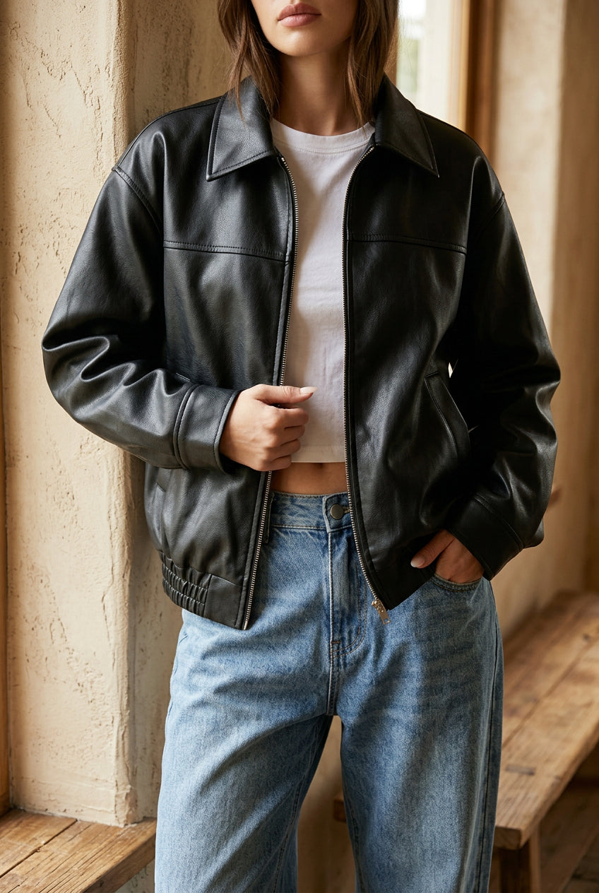 Women's Oversized Faux Leather Jacket - Vintage Zip Up Bomber Jacket for Fall