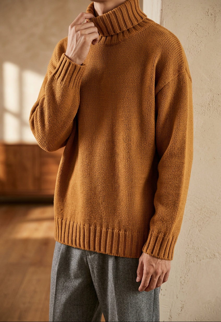 Men's Chunky Turtleneck Sweater - Oversized Knit Pullover, Warm Winter Jumper