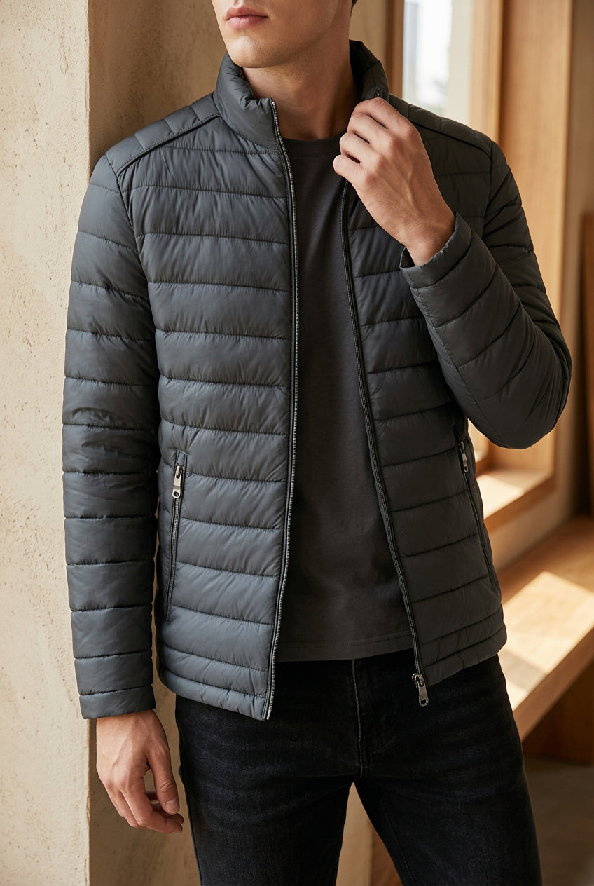 Men's Lightweight Puffer Jacket - Stand Collar Quilted Winter Coat