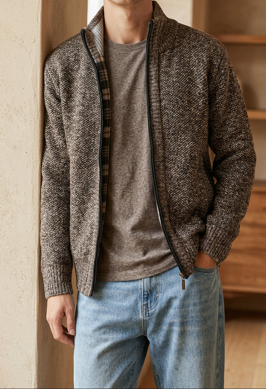 Men's Fleece Lined Cardigan - Full Zip Stand Collar Knit Sweater Jacket, Warm Winter Layer
