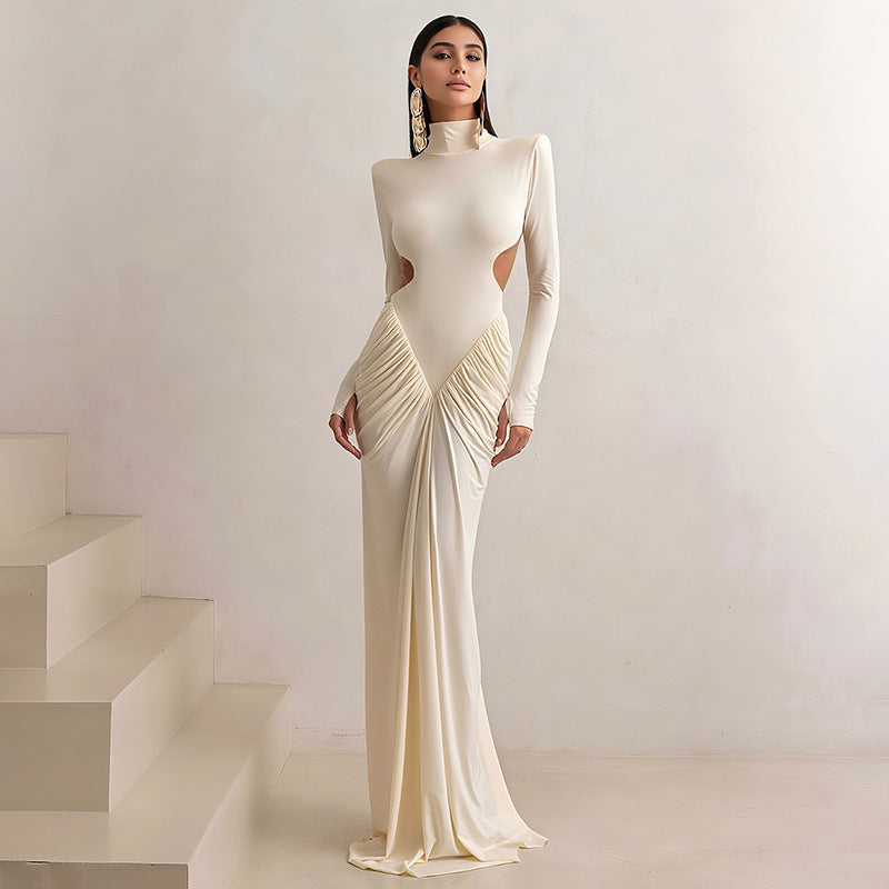 Womens Bodycon Maxi Dress - High Neck Backless Long Sleeve