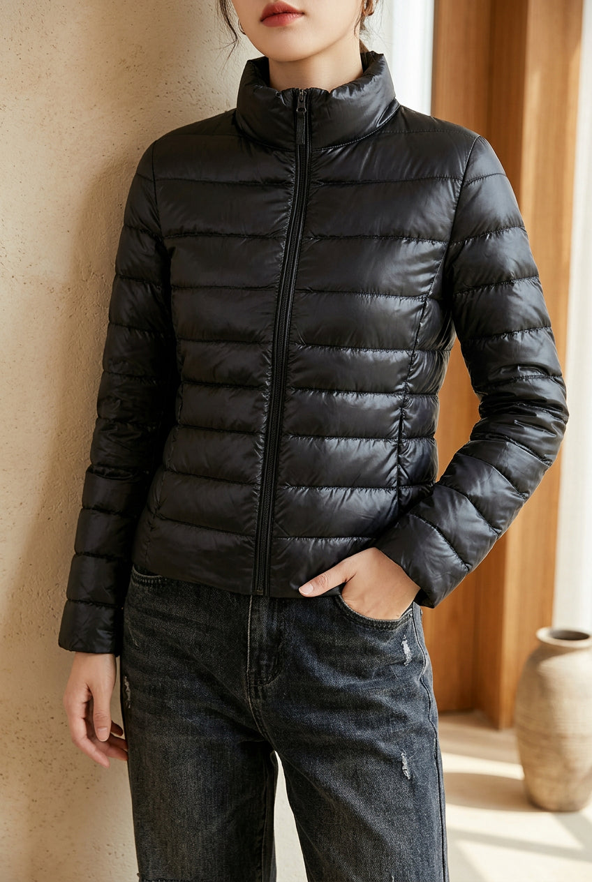 Women's Cropped Puffer Jacket - Lightweight Stand Collar Down Jacket for Fall & Winter