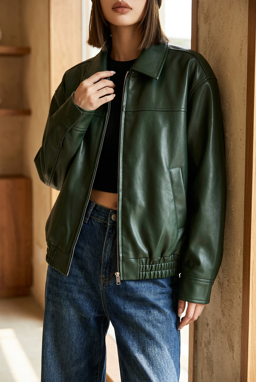 Women's Oversized Faux Leather Jacket - Vintage Zip Up Bomber Jacket for Fall