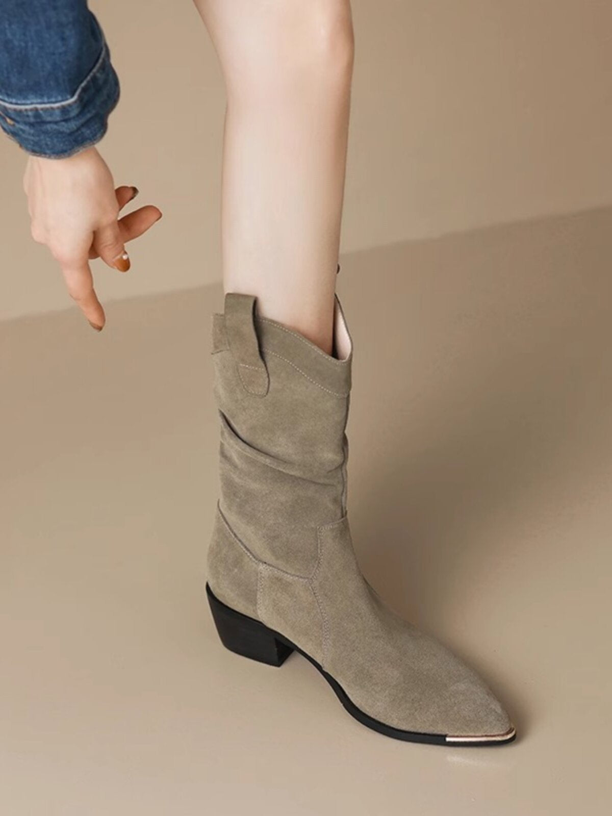 Womens Slouch Boots - Pointed Toe Mid Calf Western Suede Boots