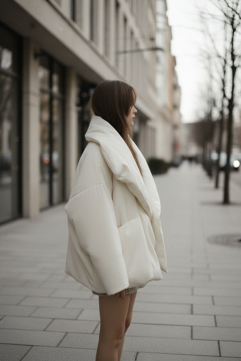 Women's Cropped Puffer Jacket - Short Padded Winter Coat with Lapel Collar and Button Front