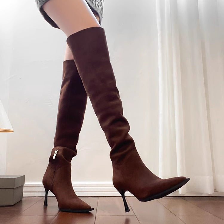 Women's Fold Over Knee High Boots - Stiletto Heel Pointed Toe Tall Boots