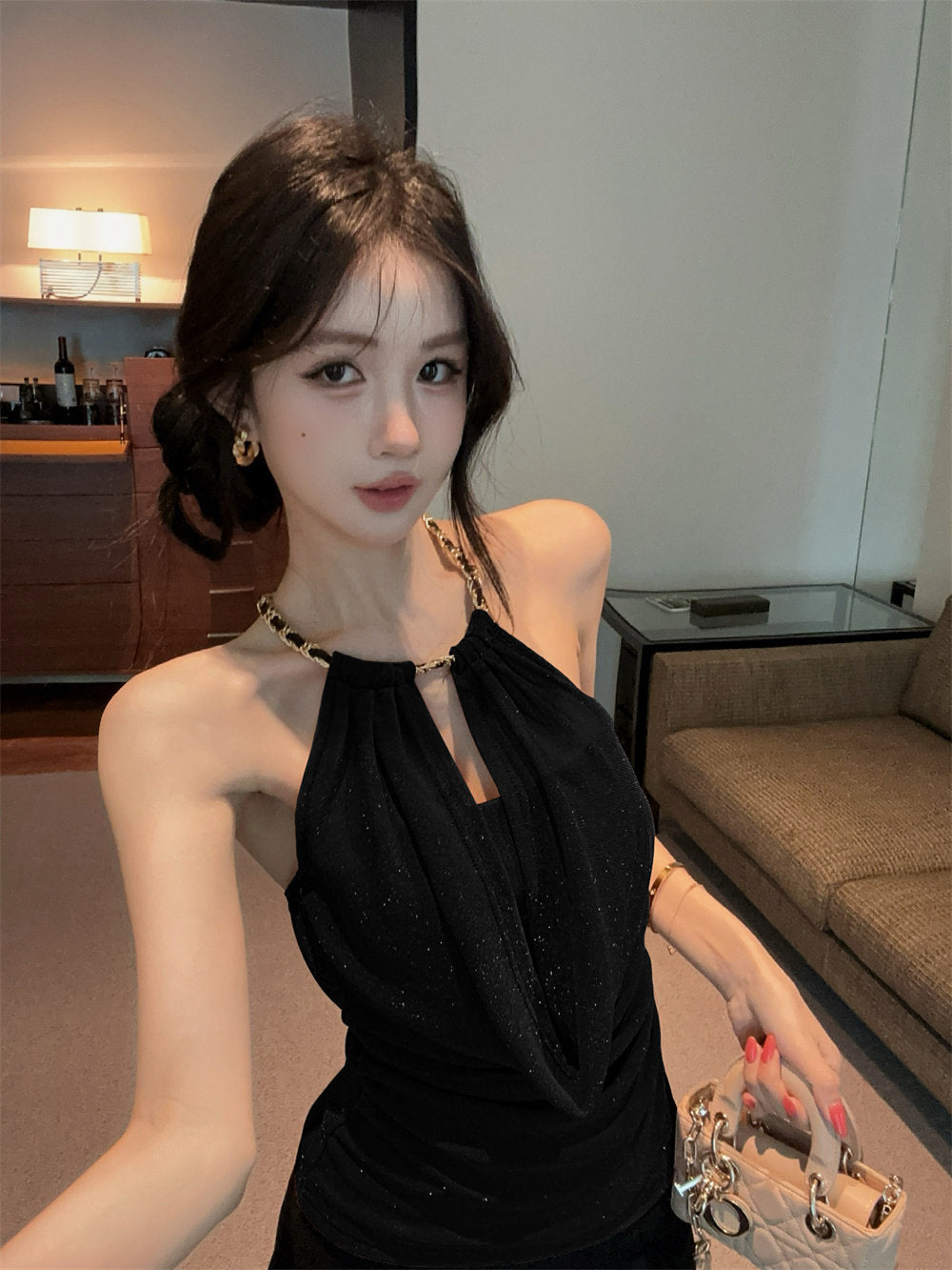 Womens Halter Neck Top - Sleeveless Backless Fitted Cami