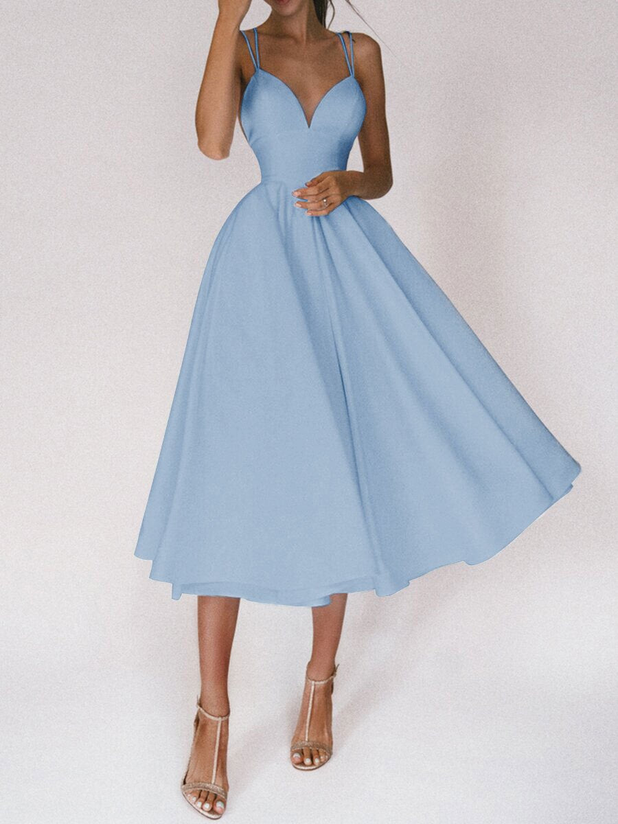 Womens A-Line Midi Dress - Sleeveless Strappy Flared Summer Dress