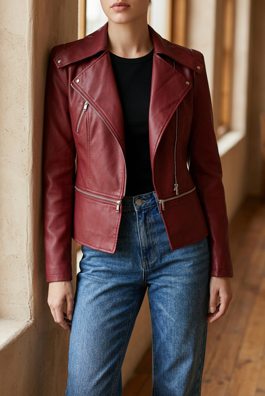 Women's Faux Leather Moto Jacket - Asymmetric Zip Slim Fit Biker Jacket for Fall
