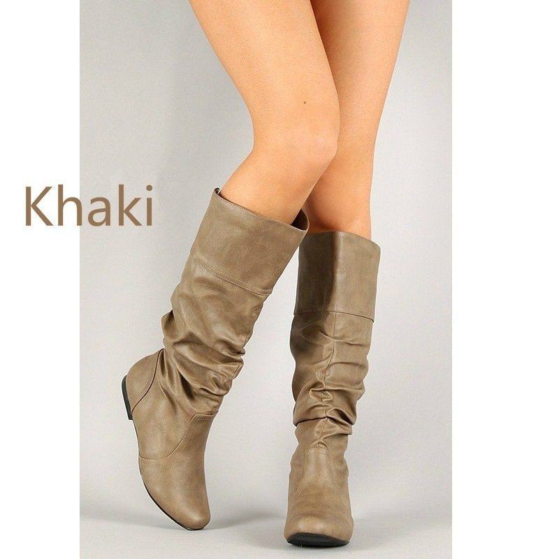 Women's Slouch Mid Calf Boots - Flat Faux Leather Pull On Boots for Fall