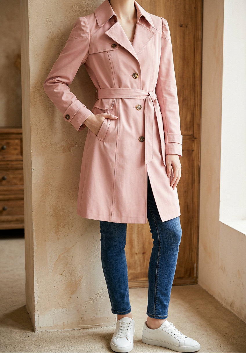 Women's Classic Trench Coat - Single Breasted Mid Length Lapel Coat for Fall