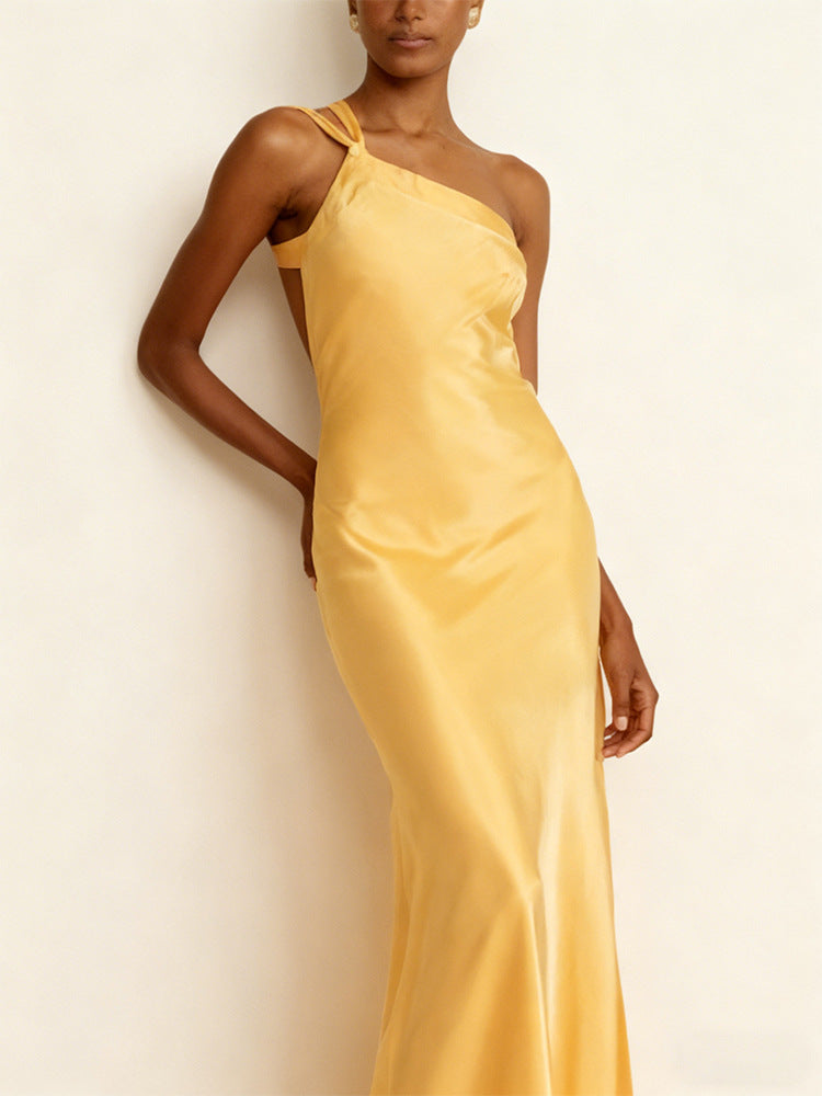 Womens Backless Halter Maxi Dress - Sleeveless Slant Collar
