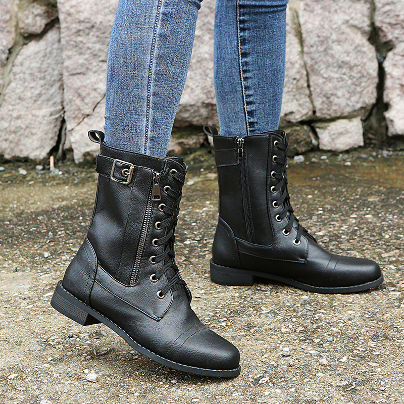 Women's Lace Up Mid Calf Combat Boots - Side Zip Low Heel Moto Boots for Fall & Winter