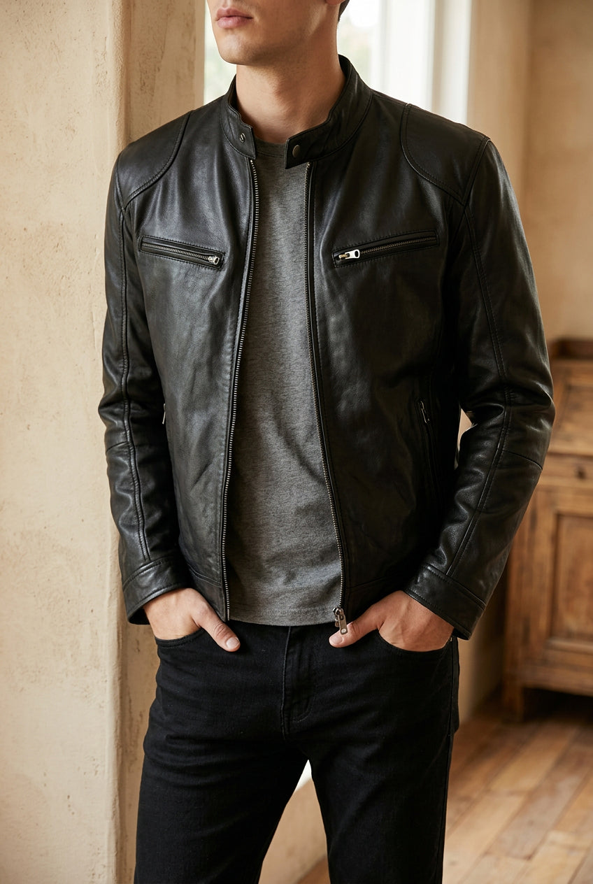 Men's Faux Leather Moto Jacket - Stand Collar Zip Up Biker Jacket for Fall