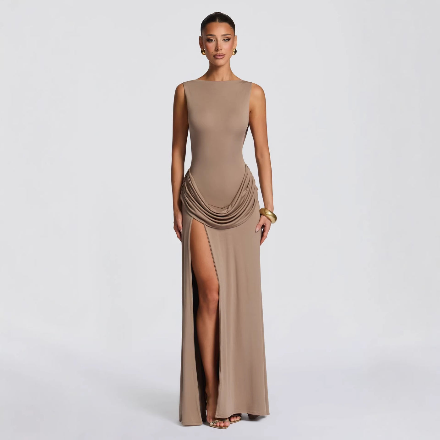 Womens Long Sleeve Bodycon Maxi Dress - Draped Open Back