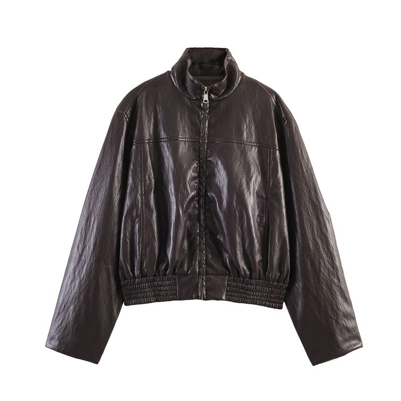 Womens Faux Leather Moto Jacket - Zip Front Lapel Biker Jacket
