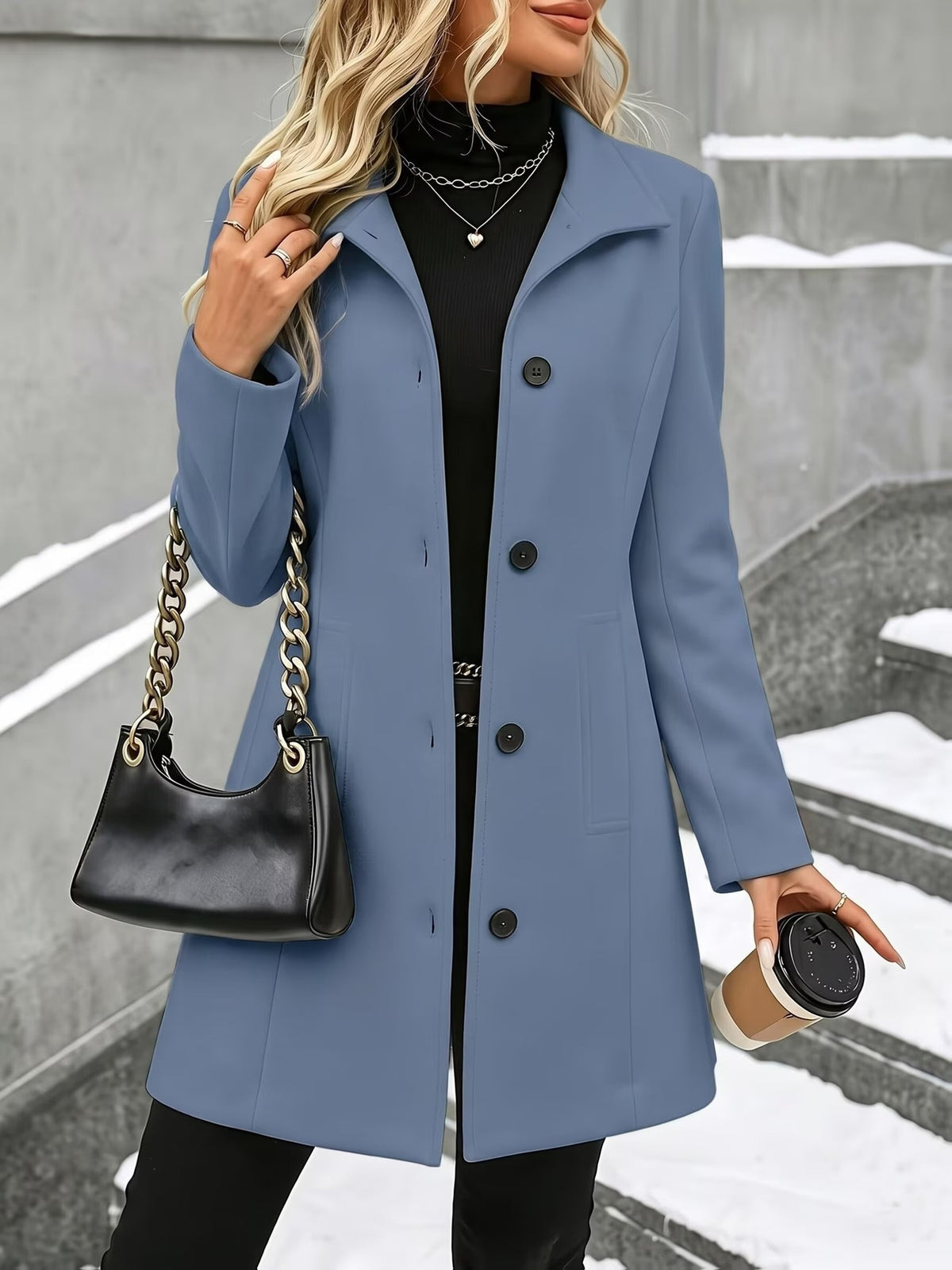 Women's Wool Blend Coat - Mid Length Single Breasted Lapel Winter Overcoat