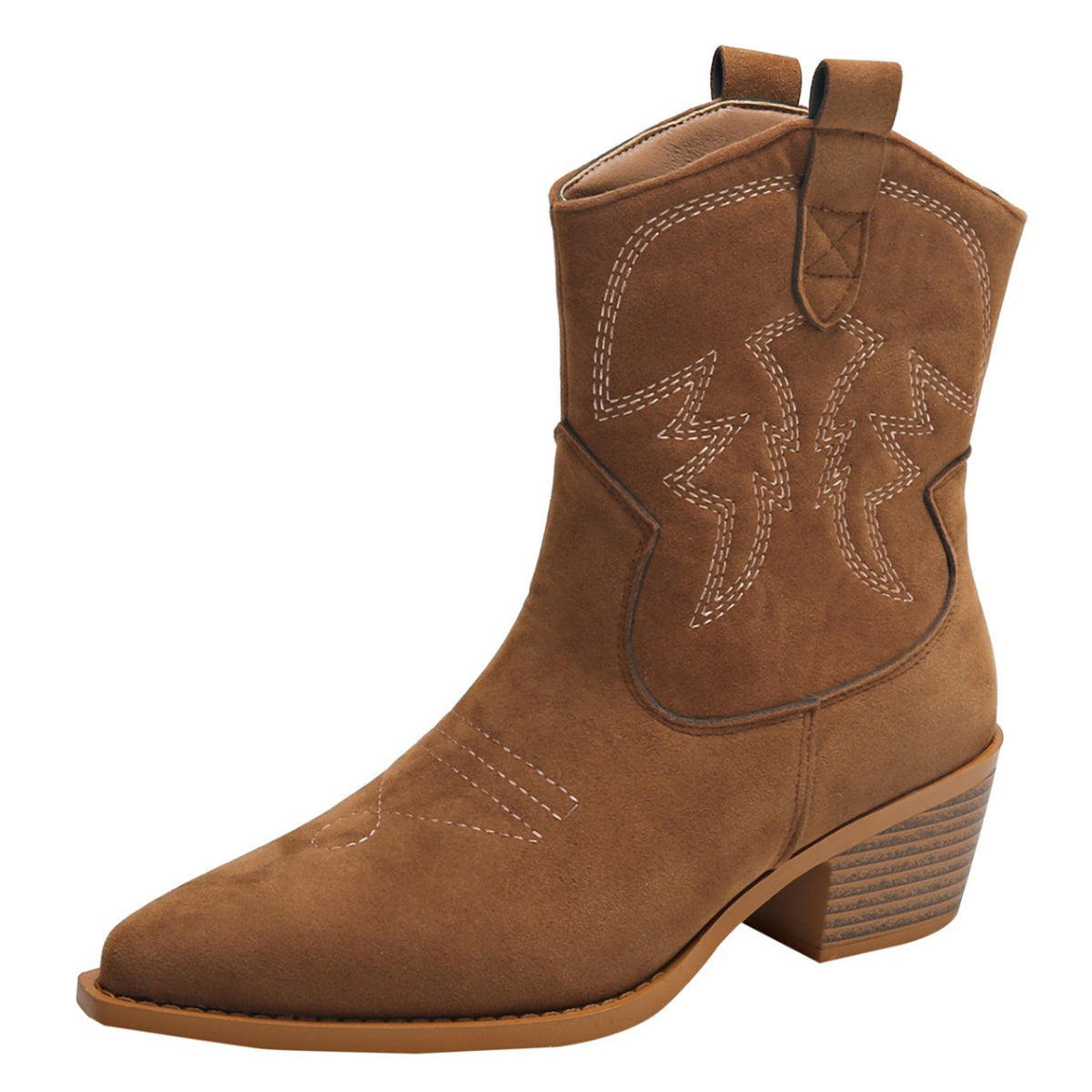Women's Suede Western Ankle Boots - Short Cowboy Booties with Block Heel, Fall Boots