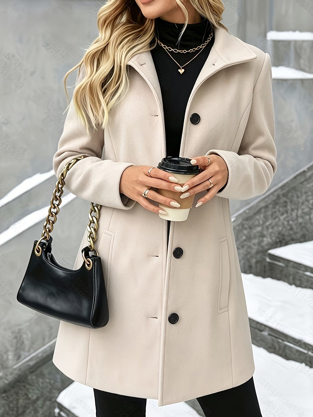 Women's Wool Blend Coat - Mid Length Single Breasted Lapel Winter Overcoat