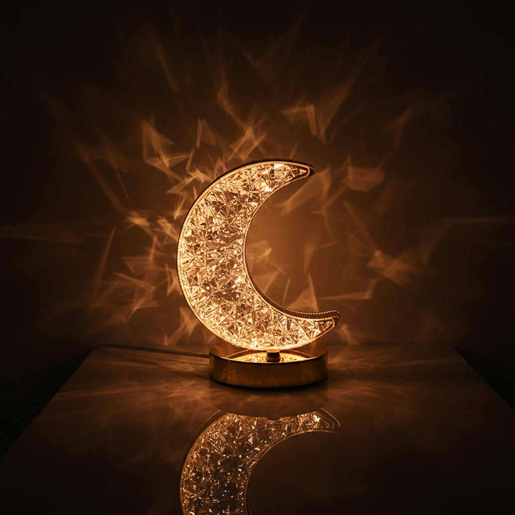Moon Table Lamp with USB Charging - Crystal Crescent Moon Night Light Bedside Lamp for Bedroom Decor