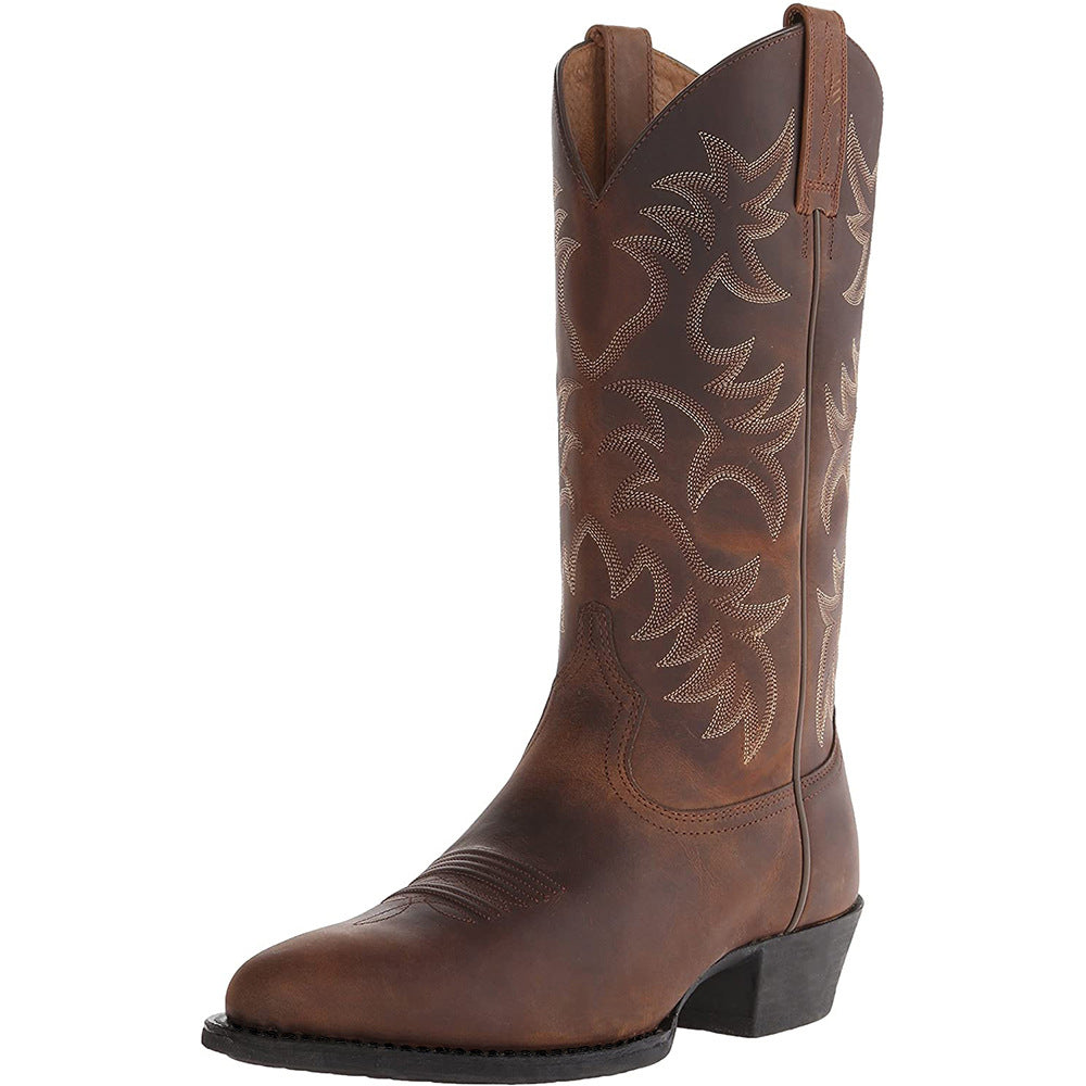 Men's Embroidered Western Cowboy Boots with Wooden Heel - Classic Fall Boots