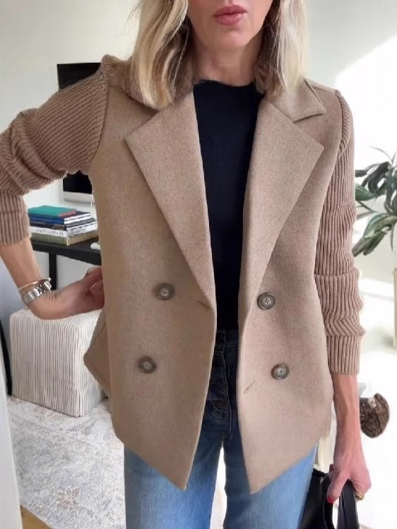 Womens Double Breasted Coat - Suit Collar Textured Hip Length