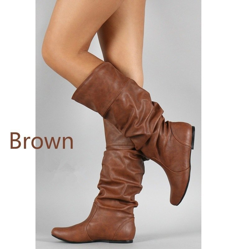 Women's Slouch Mid Calf Boots - Flat Faux Leather Pull On Boots for Fall