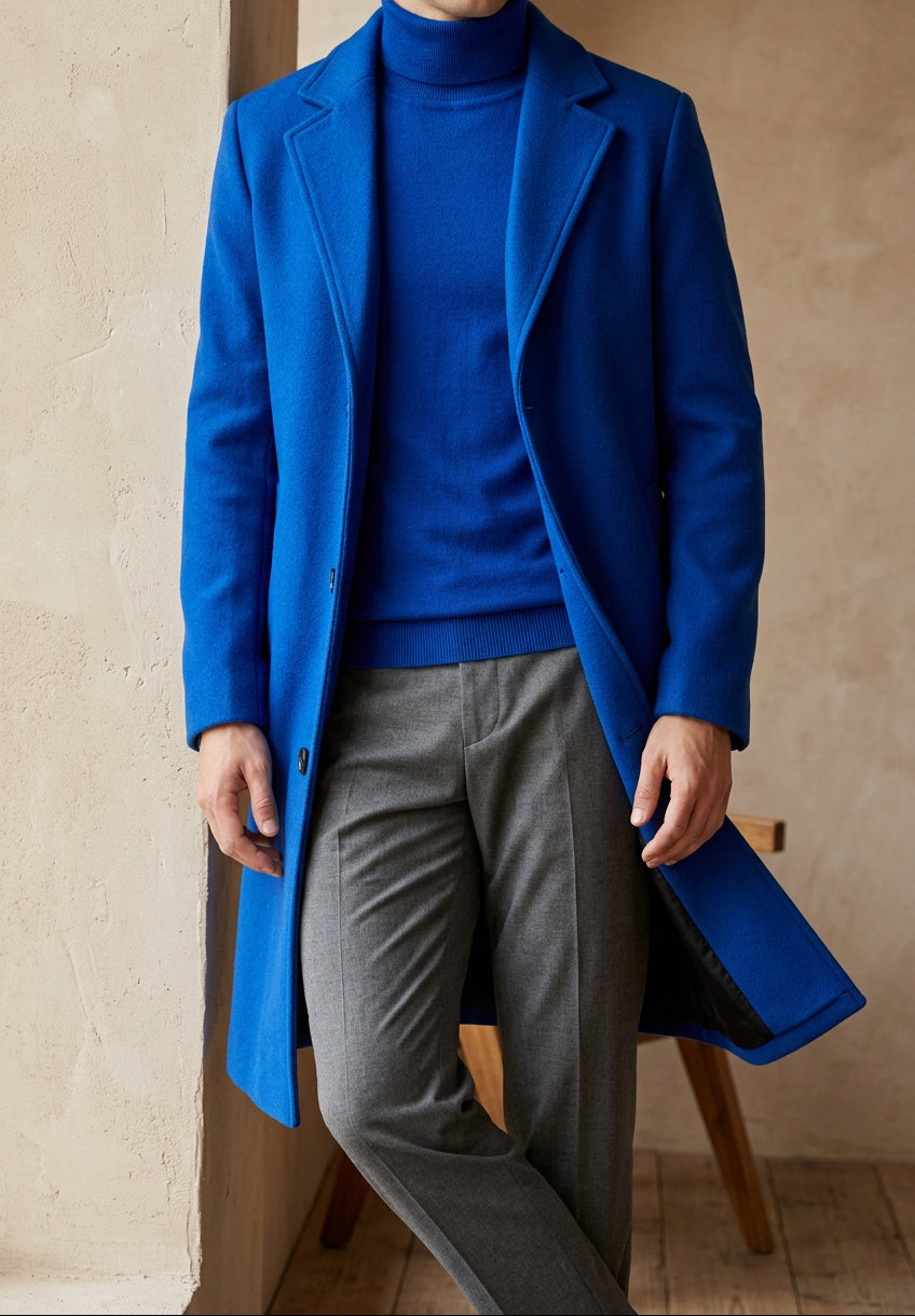 Men's Long Overcoat - Single Breasted Notch Lapel Winter Coat, Slim Fit Topcoat