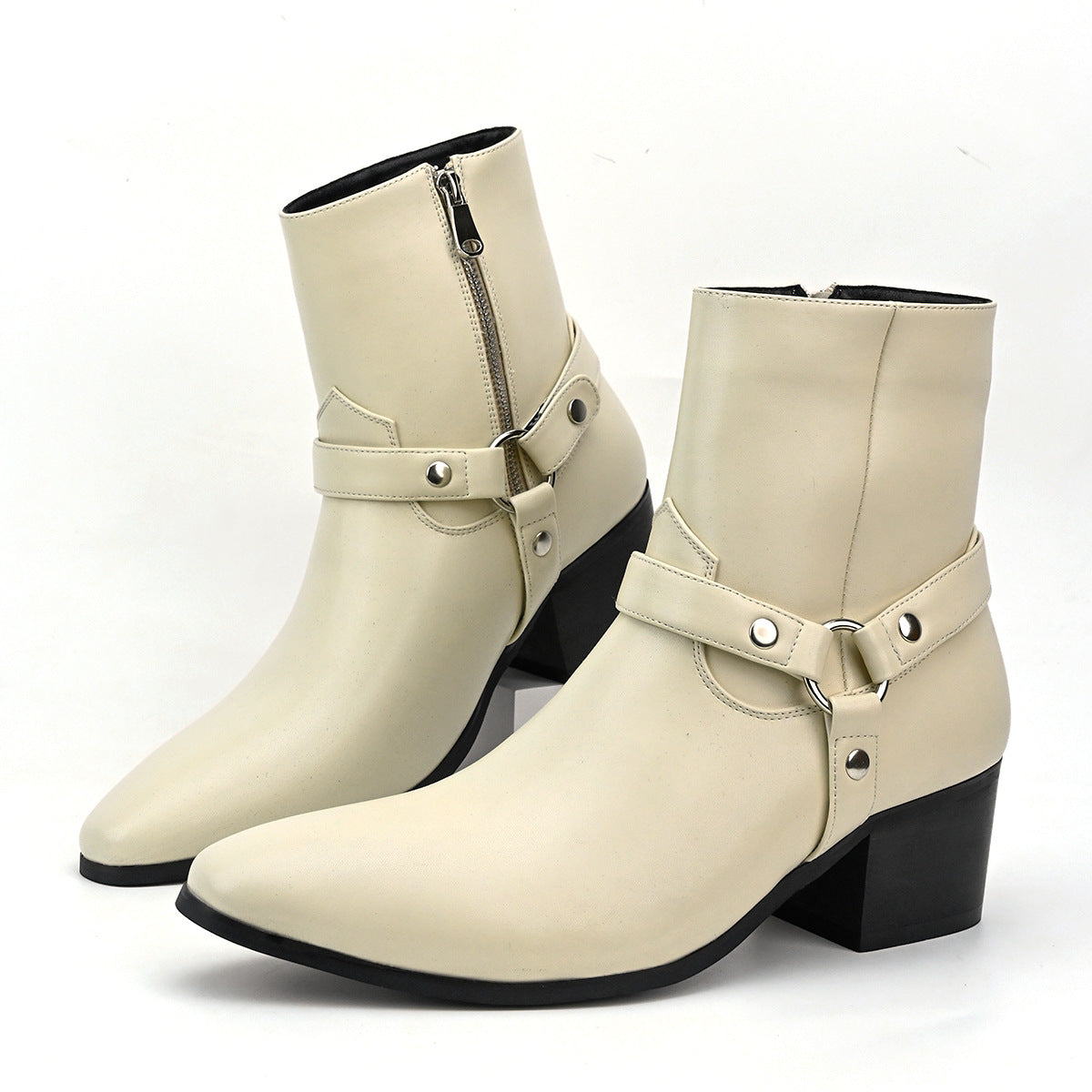 Mens Pointed Toe Ankle Boots - Side Zip Mid Heel Chelsea Style