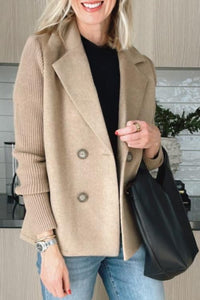 Womens Double Breasted Coat - Suit Collar Textured Hip Length