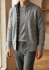 Men's Fleece Lined Cardigan - Full Zip Stand Collar Knit Sweater Jacket, Warm Winter Layer