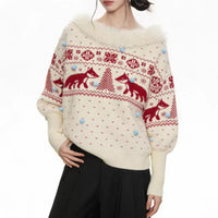 Women's Christmas Fair Isle Cardigan - Fox and Snowflake Jacquard Knit Sweater with Fluffy Collar