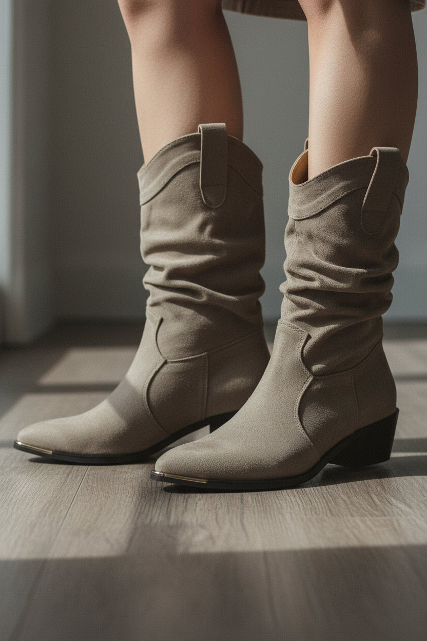 Womens Slouch Boots - Pointed Toe Mid Calf Western Block Heel Suede Cowboy Boots