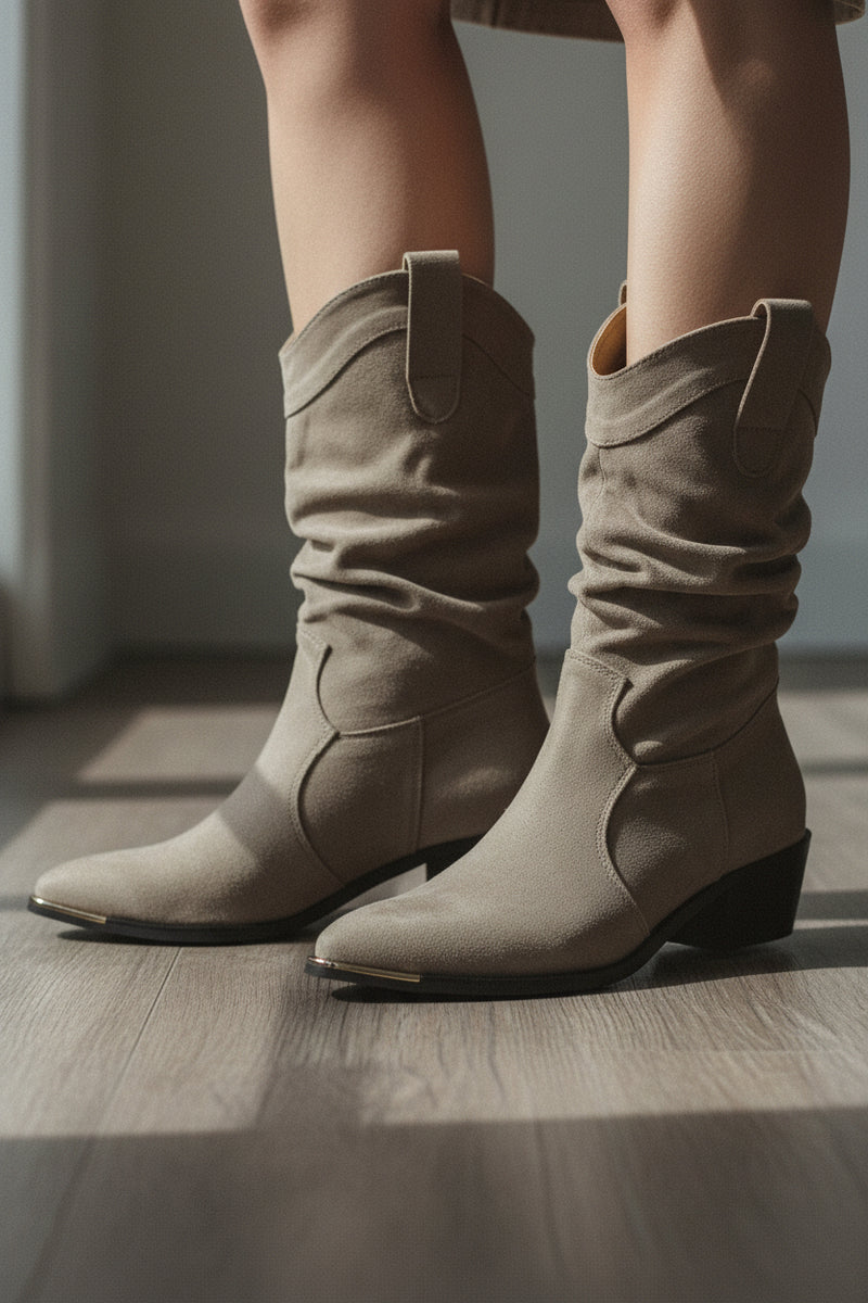 Womens Slouch Boots - Pointed Toe Mid Calf Western Block Heel Suede Cowboy Boots