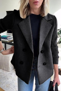 Womens Double Breasted Coat - Suit Collar Textured Hip Length