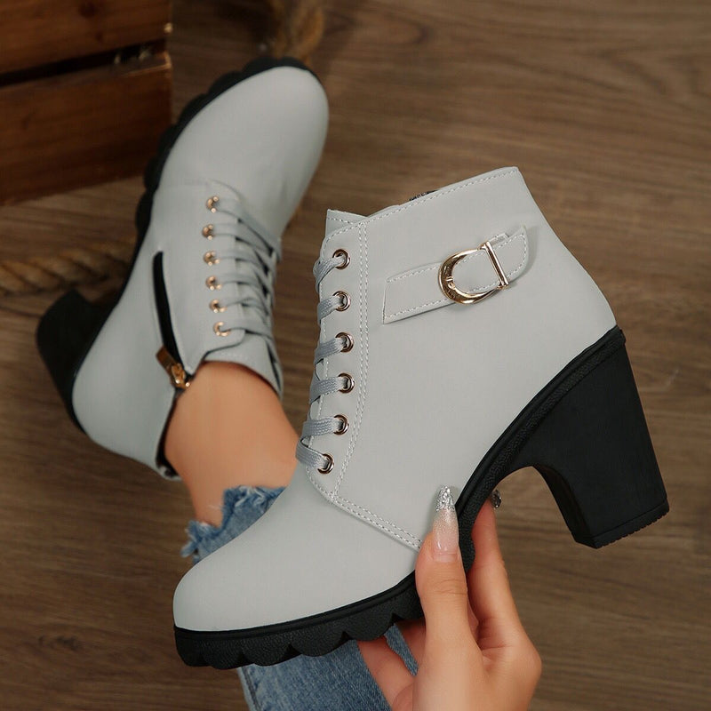 Women's Chunky Heel Combat Boots - Lace Up Side Zip Ankle Booties for Fall & Winter