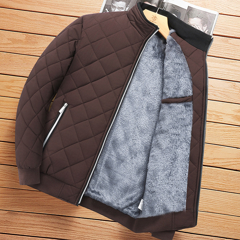Mens Fleece Lined Winter Jacket - Stand Collar Zip Up Padded Coat