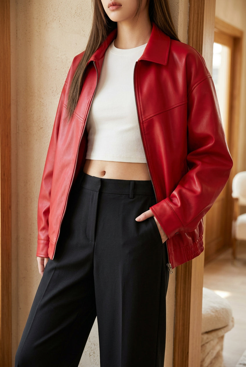 Women's Oversized Faux Leather Jacket - Vintage Zip Up Bomber Jacket for Fall