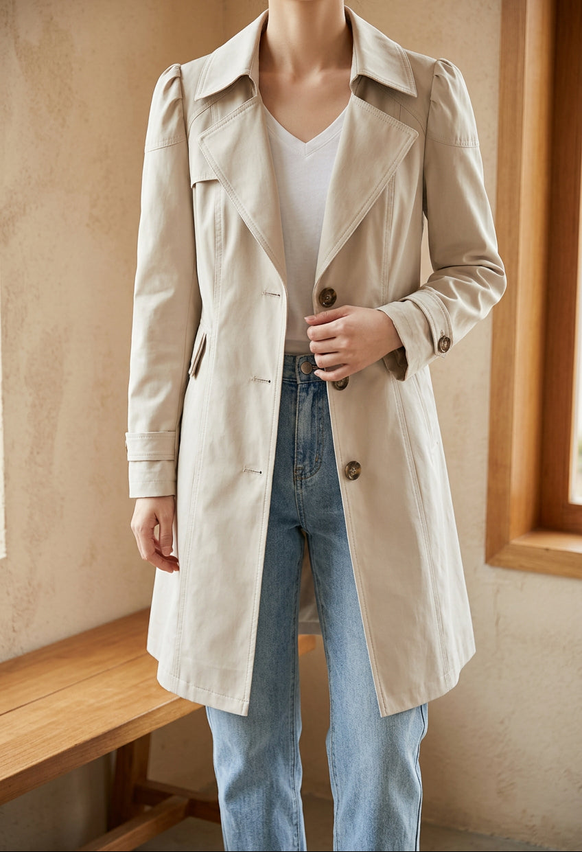 Women's Classic Trench Coat - Single Breasted Mid Length Lapel Coat for Fall