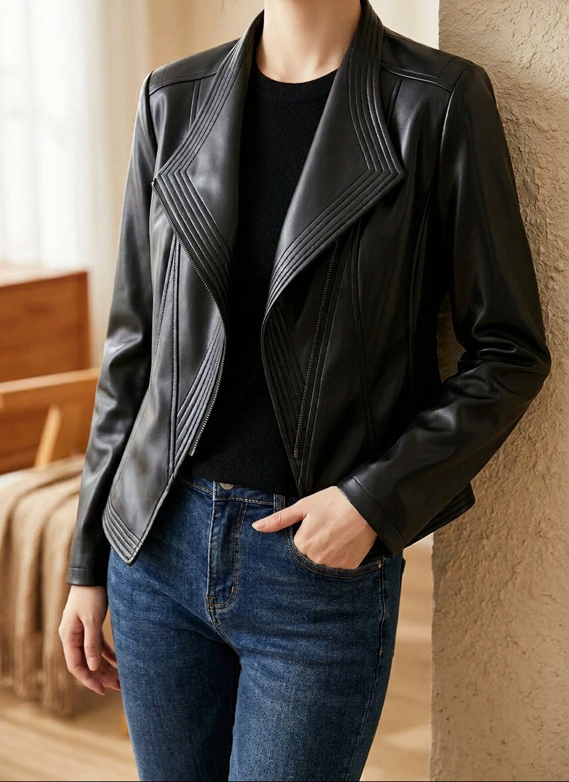 Women's Faux Leather Moto Jacket - Lapel Collar Zip Up Biker Jacket for Fall