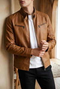 Men's Faux Leather Jacket - Stand Collar Moto Jacket with Quilted Shoulders for Fall