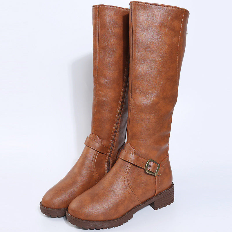 Women's Knee High Riding Boots - Buckle Low Heel Side Zip Tall Boots for Fall