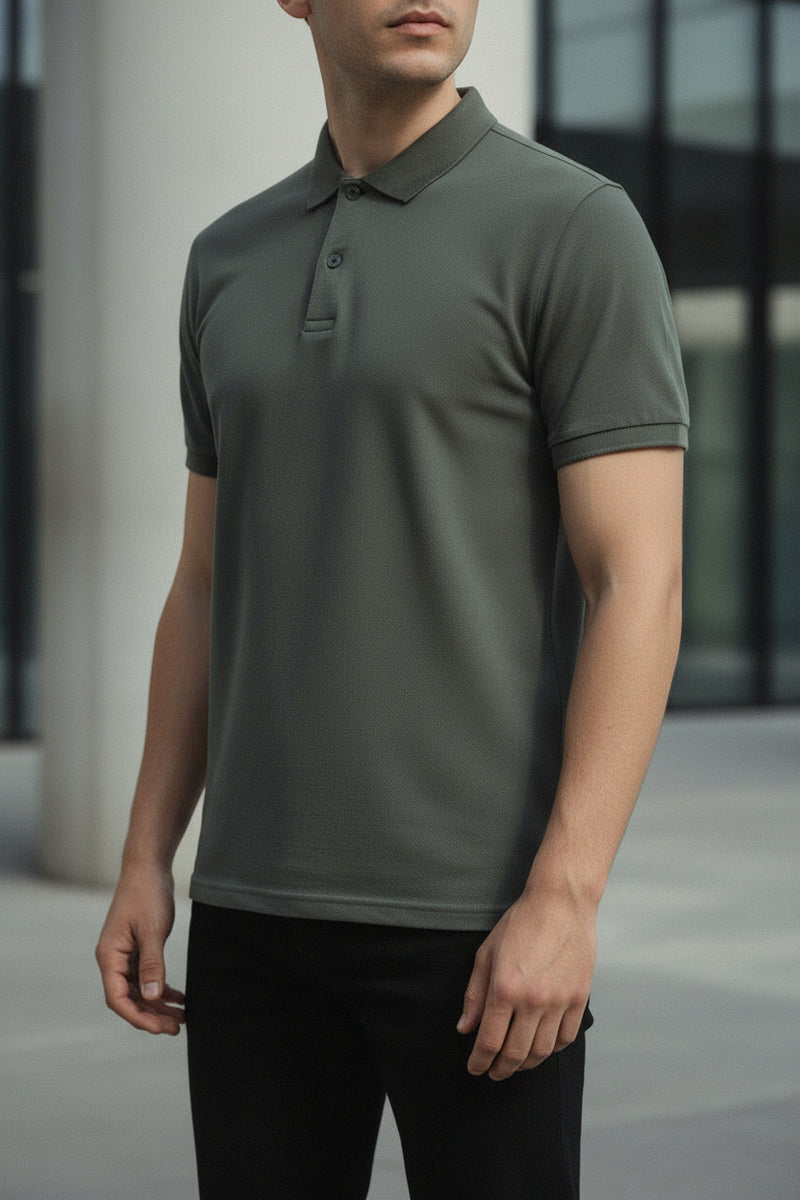 Mens Cotton Polo Shirt - Fitted Lapel Collar Short Sleeve