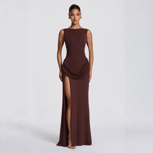 Womens Long Sleeve Bodycon Maxi Dress - Draped Open Back