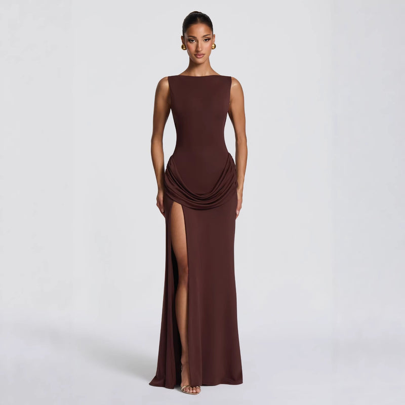 Womens Long Sleeve Bodycon Maxi Dress - Draped Open Back